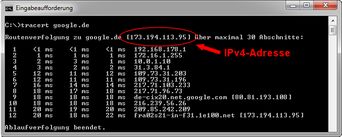 Traceroute über IPv4 zu Google